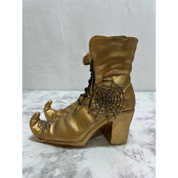 Witchy Centerpiece Halloween 7.5" Gold Boots Decor Laces Spiderwebs Whimsical - Picture 4 of 8